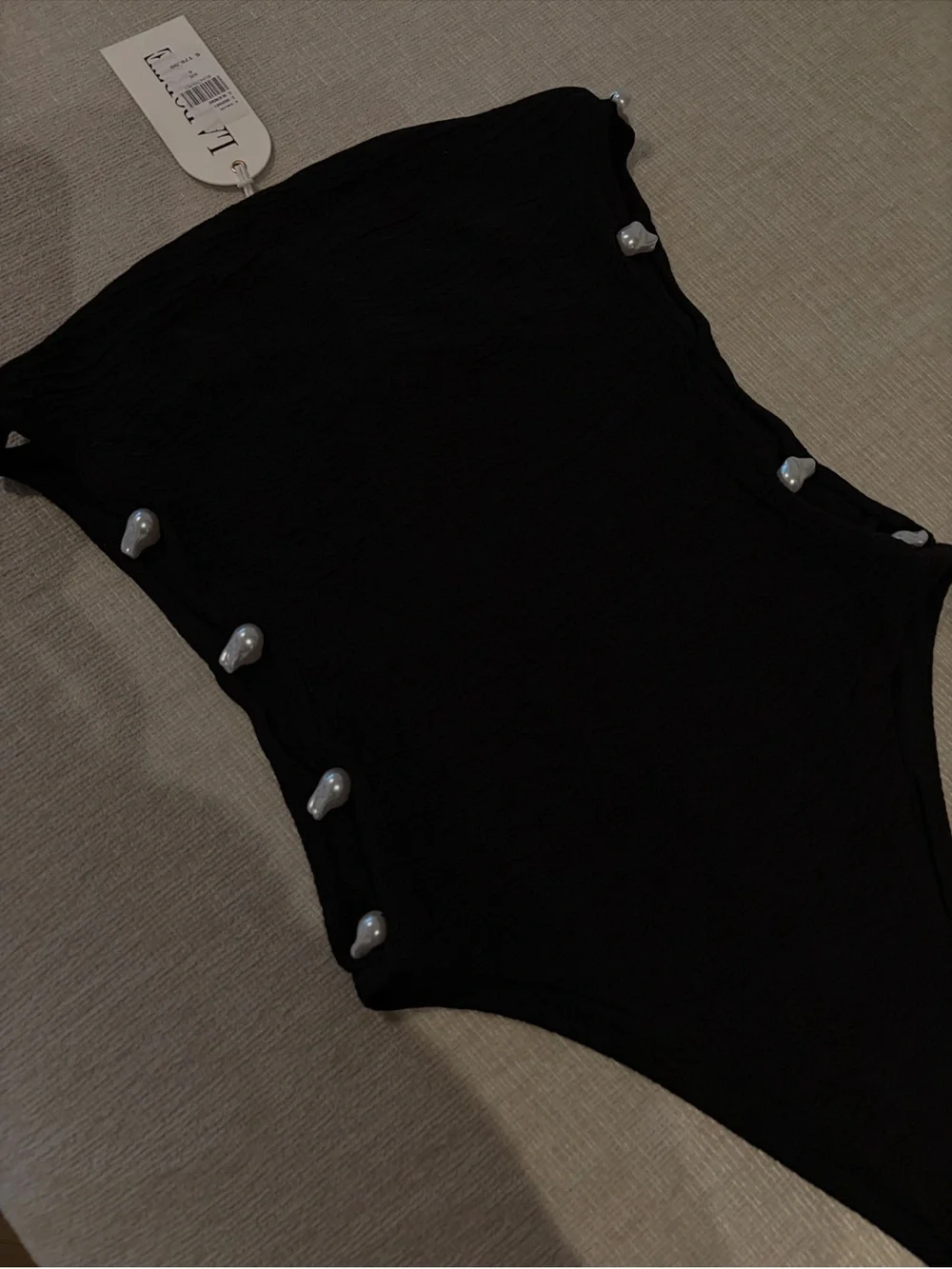 LA PORTE Stephanie One Piece Swimsuit Jet Black Jacquard Cutout Pearl Small NEW